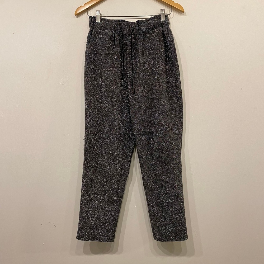 Mango Casual Metallic Sparkle Knit Pants Black Silver Glitter Paperbag Waist S